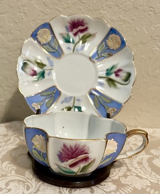 O/J Cup & Saucer With Stand.Merit Quartrefoil Gilmark Stand.Moriage Blue 1945-52