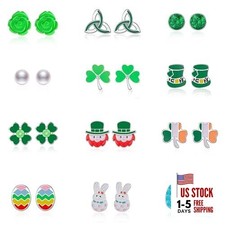 12 Pairs St Patrick's Day Stud Earrings Set for Girls Cute Easter Bunny Egg