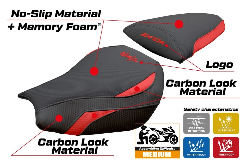 川崎 Ninja ZX 10 R 2006 - 2007 座椅套 Tappezzeria 舒适红色黑色 — 第 2/4 张图片