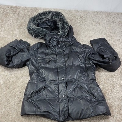 Saks Fifth Avenue Womens Black Down Puffer Jacket Faux Fur Hood Size S Coat