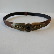 Chicos Brown Distressed Leather Belt S/M Gold Buckle Black Stone Western Cowgirl