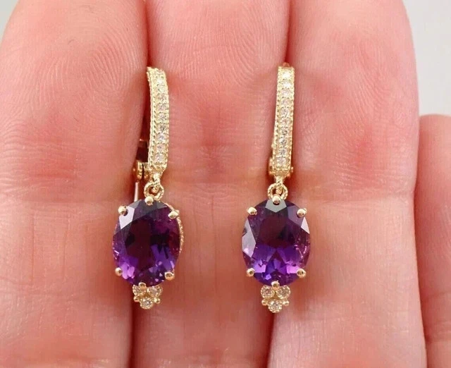 4Ct Oval Cut Lab Created Amethyst Drop/Dangle Earrings 14K Yellow Gold Plated - Image 2 of 4