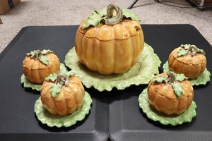 Fitz and Floyd PUMPKIN SOUP TUREEN & BOWLS 15pc Set Thanksgiving Fall Halloween