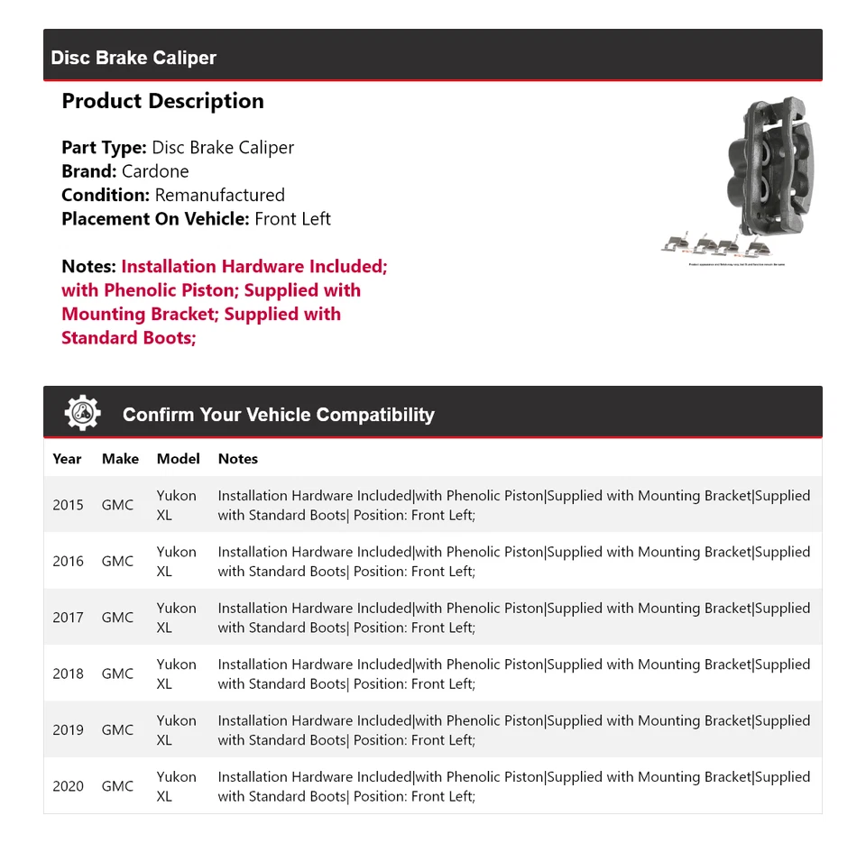 For 2015-2020 GMC Yukon XL Disc Brake Caliper Front Left Cardone 2016 2017 2018 - Image 2 of 4