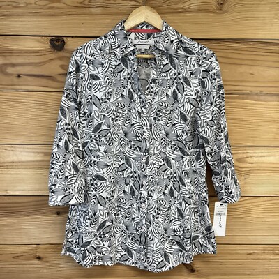 Foxcroft Shirt 6 Shaped Faith 3/4 Sleeve Leaf Print Black White Tunic NWT B88