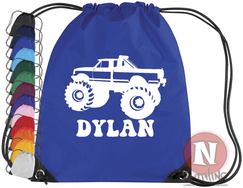 BAGBASE Monster Truck personalisierte Tasche. kundenspezifische Kordelzug PE Schule Kindernamen hinzufügen