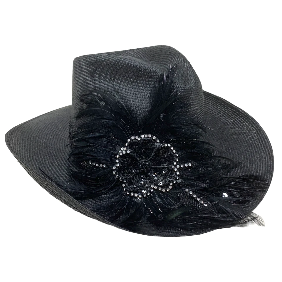 De colección Joe Bill Miller Negro Paja Bling Sombrero de Vaquero Plumas Lentejuelas Flor Foto 2 de 4