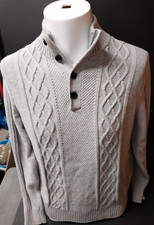 Mens SMALL Nautica Cable Knit 4 Button Mock Neck Sweater GRAY Stretchy