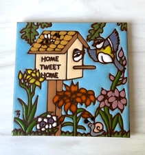 VTG 1995 Earthtones Ceramic Tile Decorative Birds Flowers Snail Birdhouse 6"