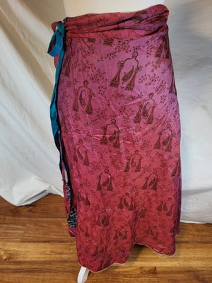 100% Silk Wrap Boho Skirt Reversible S/M Made In Nepal