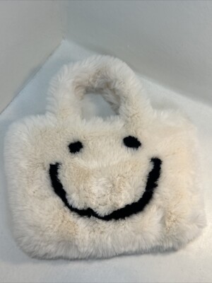 Cream Smiley Face Purse Handbag Happy Face Fuzzy Fluff Bag Soft Medium Size