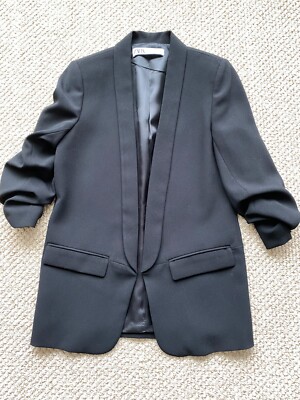 Preowned Women's Zara Ruched 3/4 Sleeve Black Blazer Size S