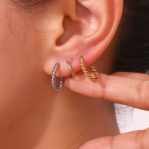 18K Gold Plated Stainless Steel Hoop Women Earrings Spliced Twist Screw Jewelry - Picture 4 of 13