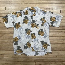 ROUNDY BAY Hawaiian Shirt Men XL Floral Button Up Cream Polyester Relaxed Aloha