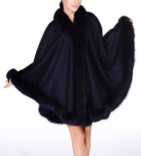 Navy Blue Fox Full Skin Trimmed 100% Cashmere Swing Cape Wrap Coat New W Tags