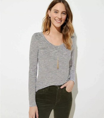 NEW-Loft Tee T-shirt Women's XS Vintage Soft White Gold Striped Knit Basic Top