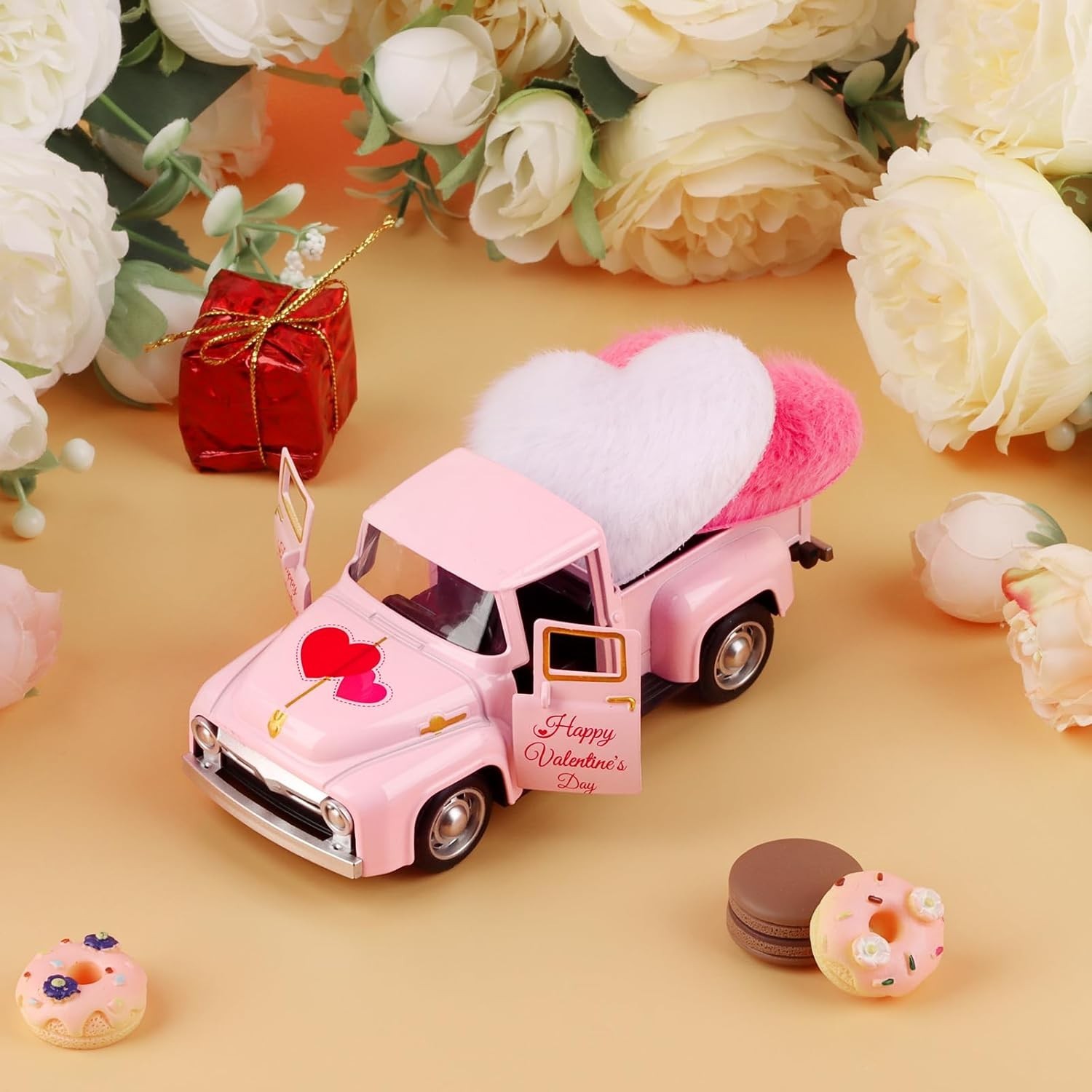 Pink Truck Valentine Decor ❤️ Metal Vintage Truck with Hearts for Home & Kitchen