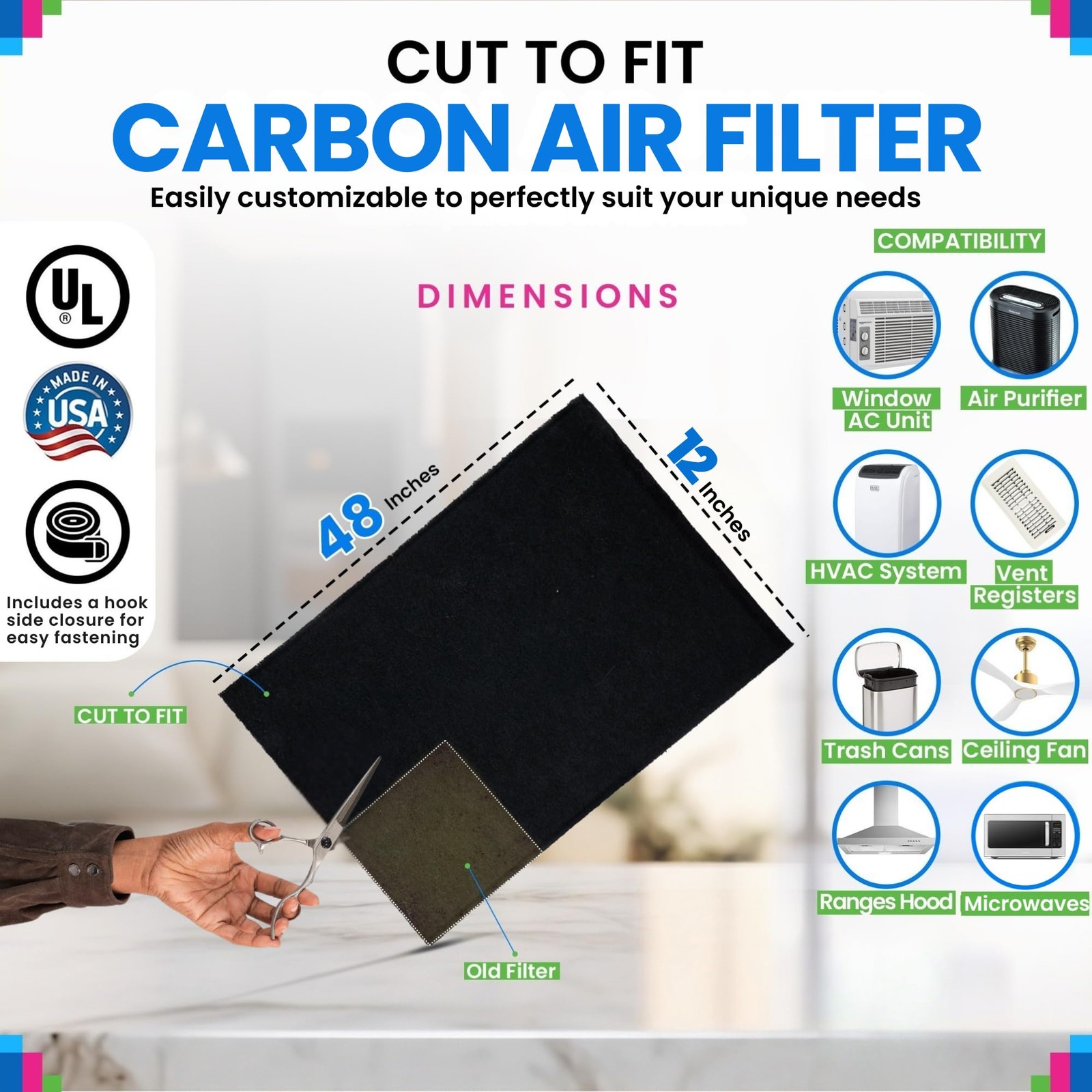 Cut to Fit Activated Carbon Filter Sheet 12”X48” - Air for Purifiers Window Vent