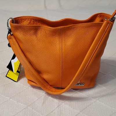 RONCATO Orange Pebbled Real Italian Leather Shoulder Bag Silver Hardware 