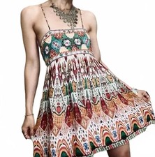 Zara Embroidered Ikat Print Backless Sundress Mini Boho Festival Beach Cream M