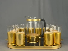 14 Pc Everlast Neocraft Gold Aluminum & Glass Tumbler, Pitcher & Tray Set RETRO!