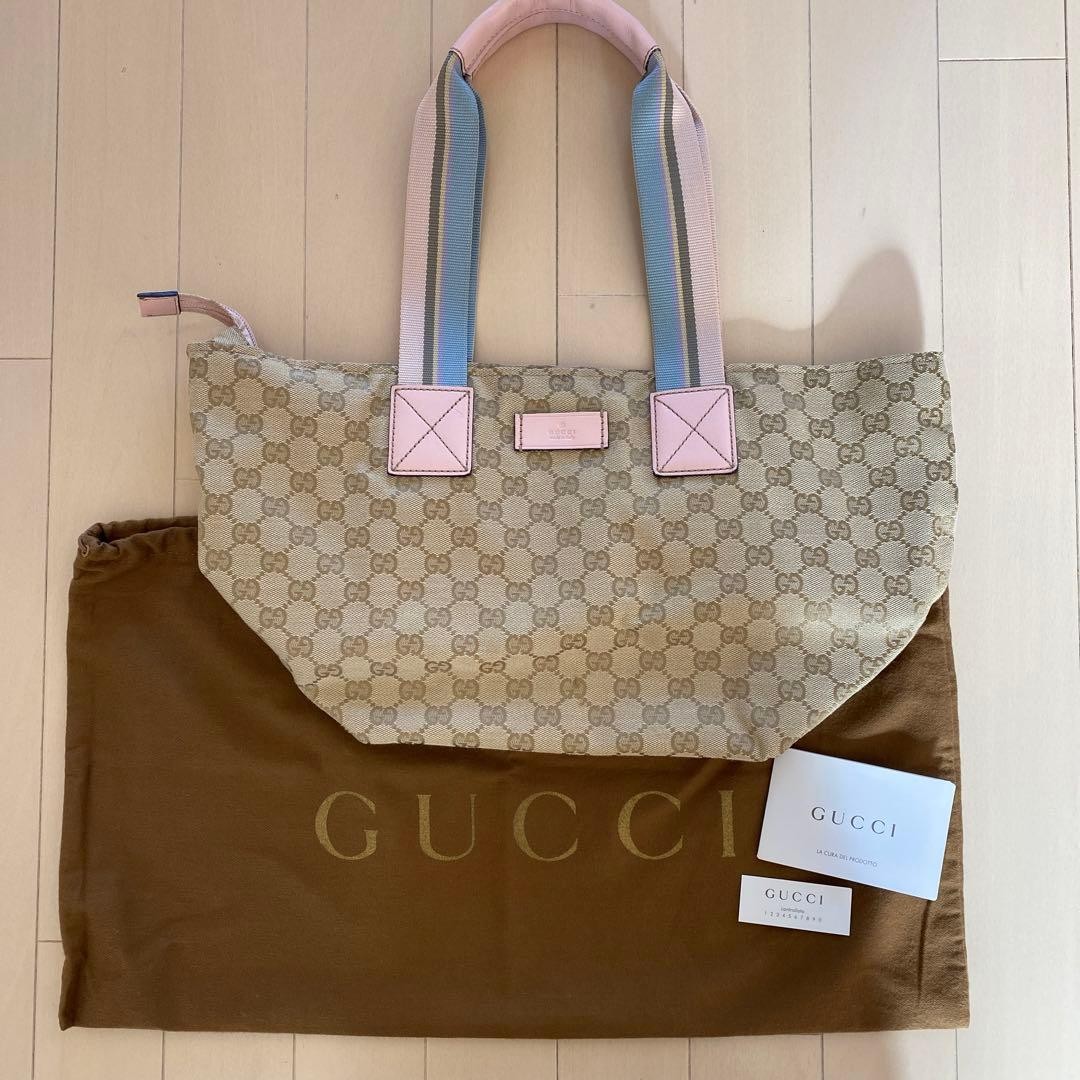 GUCCI Tote Bag Print Logo Women Leather Damaged Slightly Used Authentic