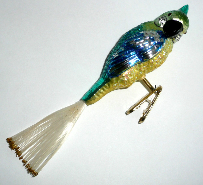 VINTAGE PARROT COCKATIEL BLOWN GLASS GLITTER SPUN TAIL CLIP ON 6" ORNAMENT