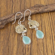 Aqua Chalcedony Stone Elegant Dangle Drop Artisan Earrings 925 Sterling Silver