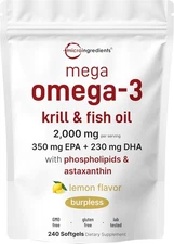 Mega Omega-3 Krill & Fish Oil 2,000mg Equivalent, 240 Softgels | Lemon... 