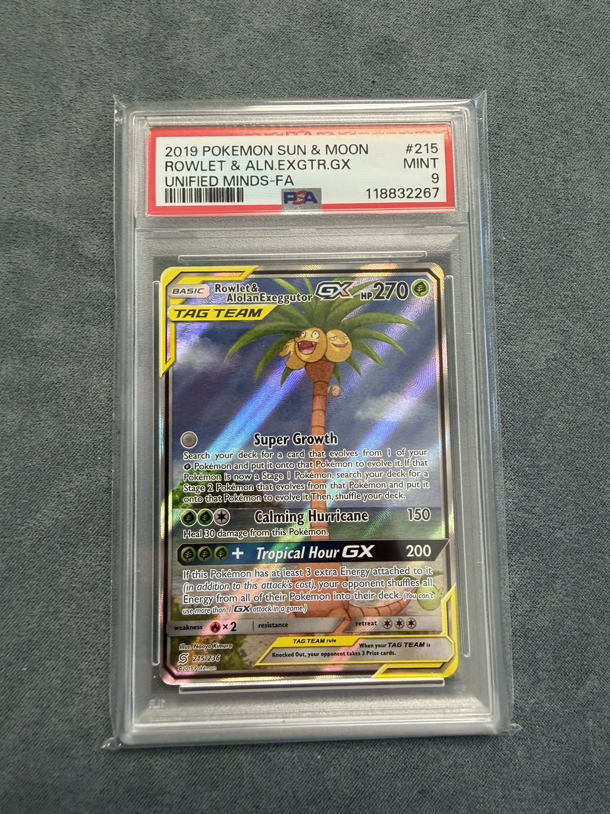Pokemon TCG Rowlet & Alolan Exeggutor GX 215/236 Alternate Full Art PSA 9