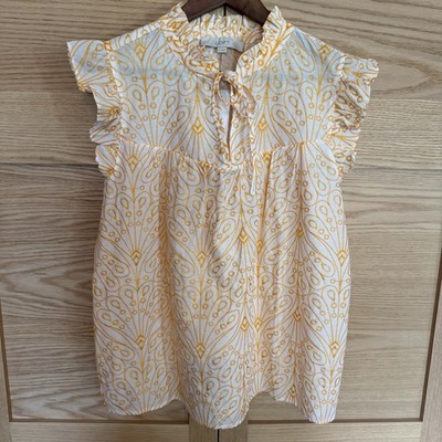 NWT LOFT Cotton Top M Yellow Embroidery Boho Print Flutter Sleeve Resort