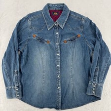 Vintage 90s Denim Western Shirt Pearl Snaps Route 66 Cowgirl Rodeo Country Large