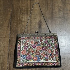 Vtg Petit Point Tapestry Handbag 6  x8  Kisslock Black Floral Chain 7  Drop EUC 