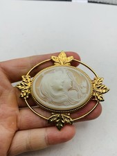 Vintage Gold Tone Carved Cameo Sister Ladies Leaf Victorian Revival Button Cover
