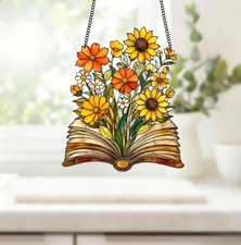 Book Lover Floral Acrylic Suncatcher Window Hanging, Reading Decor Window Art