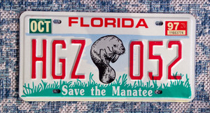 1997 Florida Save The Manatee License Plate HGZ 052 Near Mint Natural 0316