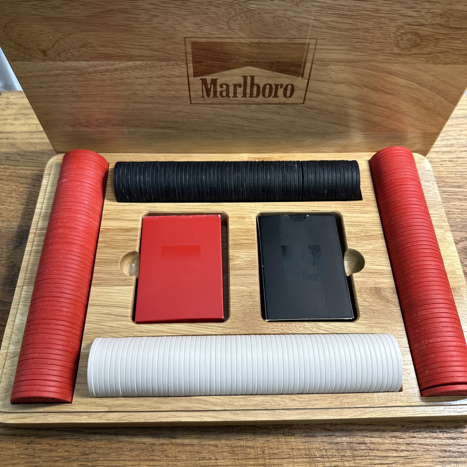 Vintage Marlboro Poker Set Chips, 2 Decks of Playing Card & Wooden Case Complete
