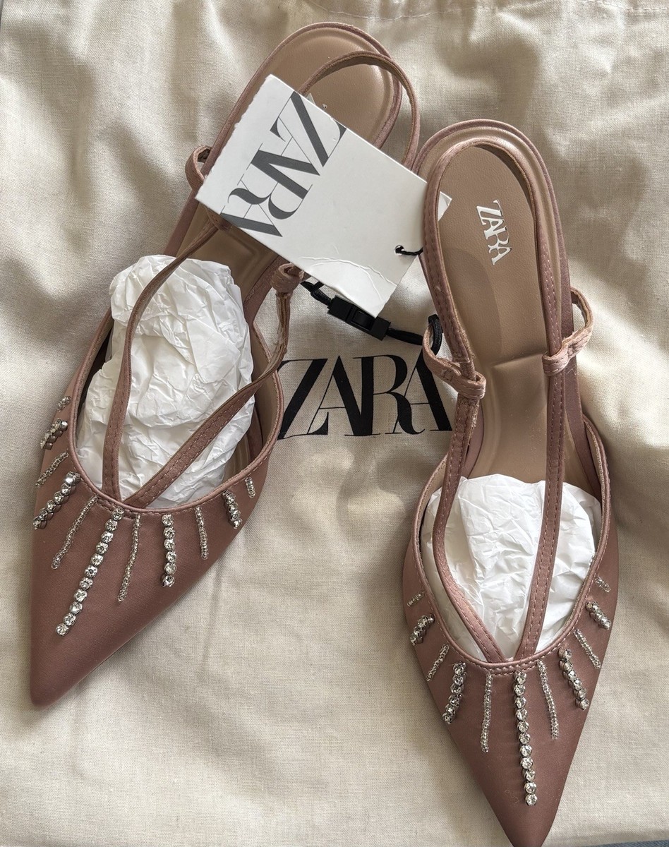 Zara Beige Rhinestone Heeled Slingback Shoes UK4 Ref 2254/410