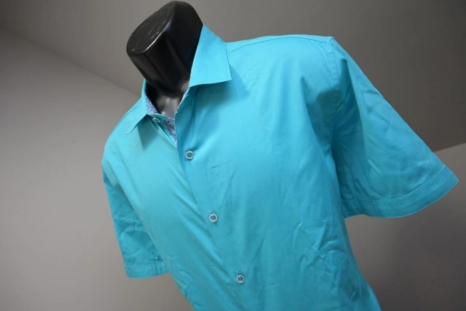 Robert Graham Dress Shirt Blue Stretch Short Sleeve Button Up Mens Size XL - Image 2 of 4