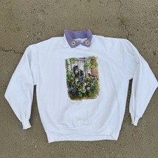 Vtg Cat Kitten Sweatshirt Sz XL White Collared Pullover Made in USA Garden 90s