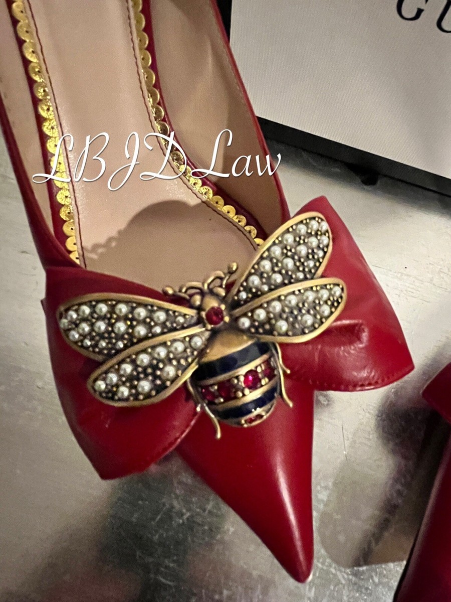 GUCCI Leather Mid-Heel Pumps with Bow Red Jeweled PEARL GUCCI Leather Mid-Heel Pumps with Bow Red Jeweled PEARL