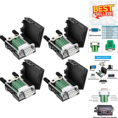 Solderless DB9 Female Connectors - 4-Pack with Easy Labeled Ports & Tail Pipe