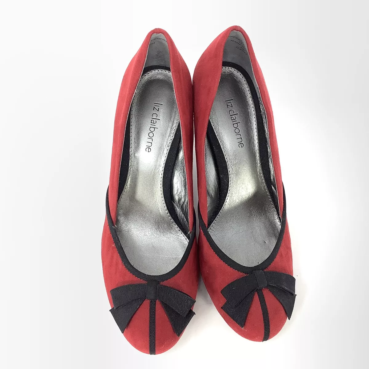 Red Holiday Suede Heels Liz Claiborne Women Shoes Pumps Black Ribbon Bow 6M