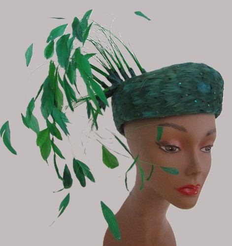 Jack McConnell Green Pillbox Calot Hat Plume Covered Feather Custom Church - Picture 3 of 9