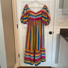 Farm Rio Colorful Rainbow Striped V-Neck Beaded Tassels Maxi Dress 23387
