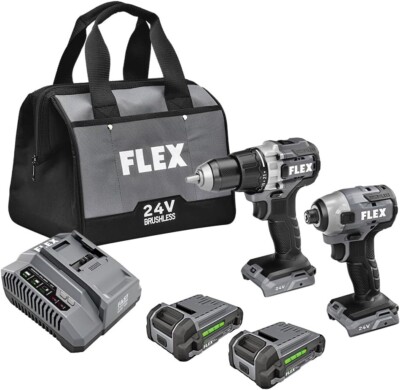 FLEX  24V 2-tool Brushless Power Tool Kit W/ Soft Case, 2 Batteries, and Charger
