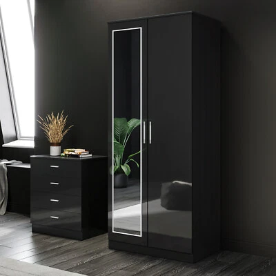 ELEGANT High Gloss 2 Door All Black Wardrobe Bedroom Furniture Storage With Hanging Rail