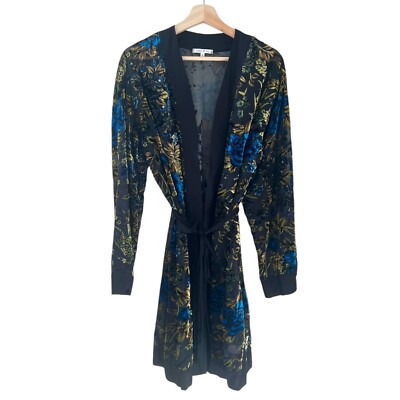 Willow & Clay Floral Velvet Burnout Tie Waist Kimono Yellow Blue S/M Whimsigoth