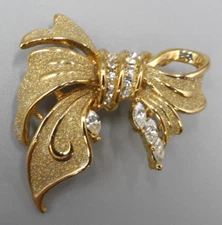 Victorian Revival Half Bow Brooch Gold Tone Marquise Crystals Belle Époque 1.75"