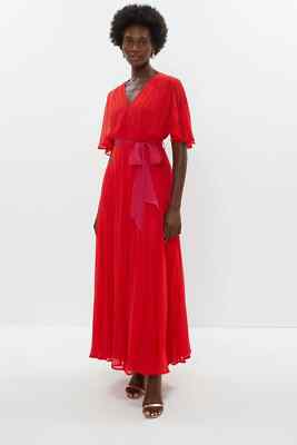 KÜSTENROT PLISSEE CHIFFON ENGELÄRMEL MAXIKLEID (WICKELKLEID) 8 NEU MIT ETIKETT £149 WASCHBAR